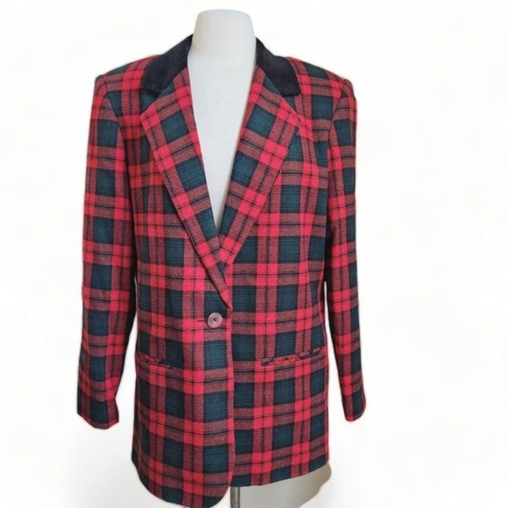Vintage 90s Holiday Plaid Blazer Womens 14 Academia Sag Harbor Tartan Velvet